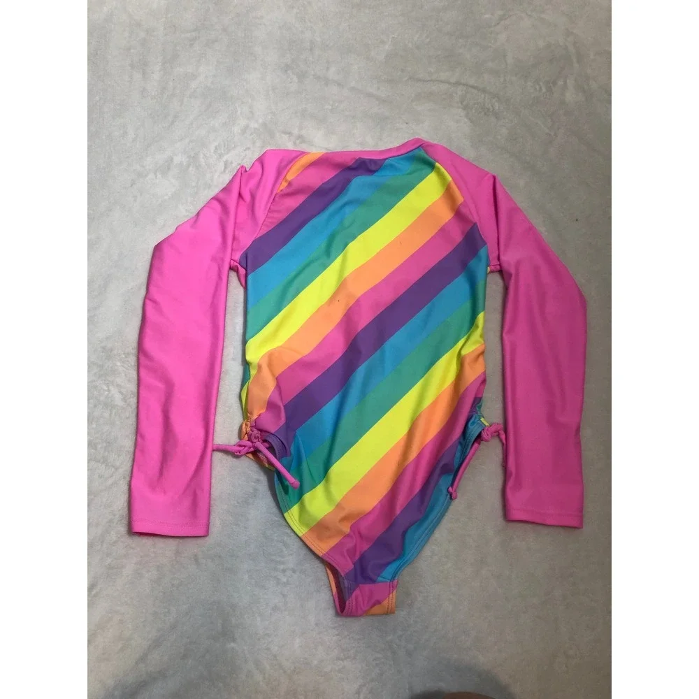 5/$25 Juicy Couture One Piece Swimsuit Size 10 Pink Rainbow Stripe Long Sleeve